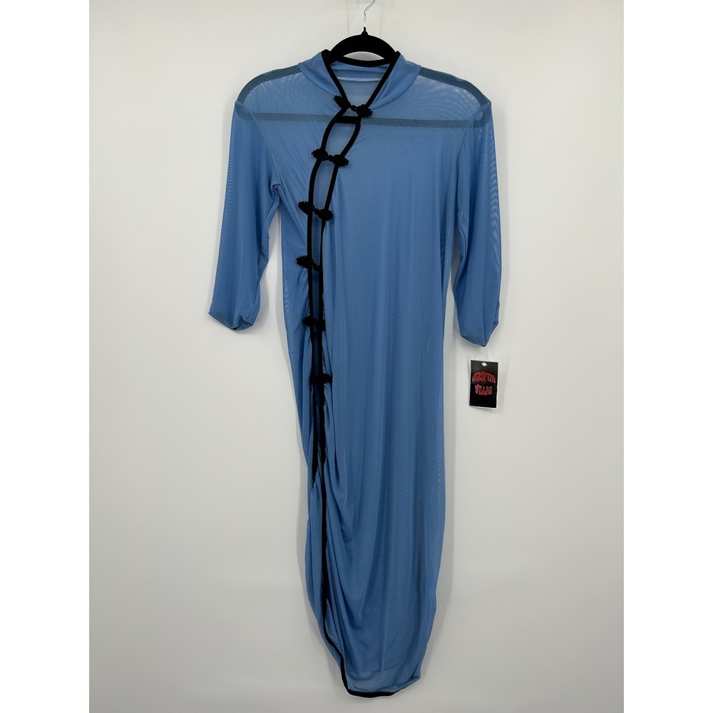 Blue Sheer Mesh Frog Knot Asymmetric Midi Dress Womens Small - Picture 10 of 12